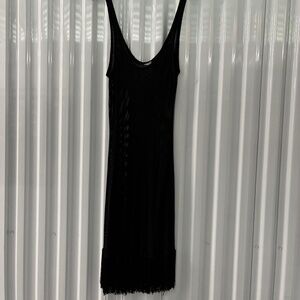 Low Cut Mesh Flapper Dress See Through Fringed Black Stretchy